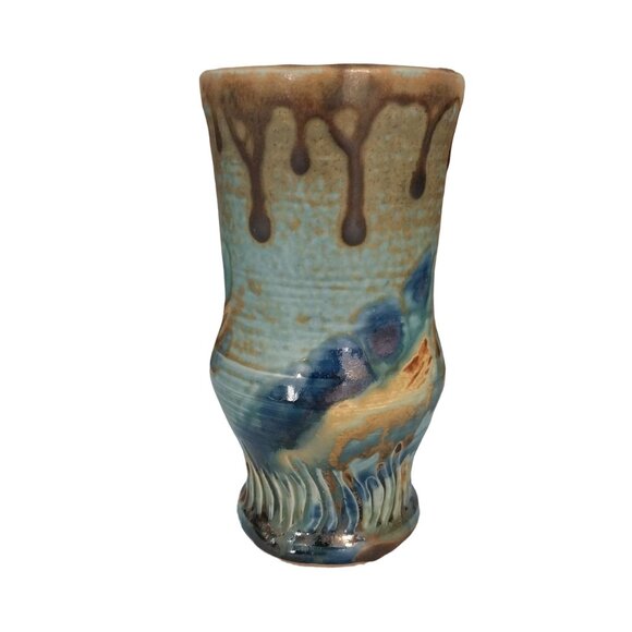 Swanstrom Pottery Cup With Earthy Blue And Brown Drip Glaze - Picture 2 of 7